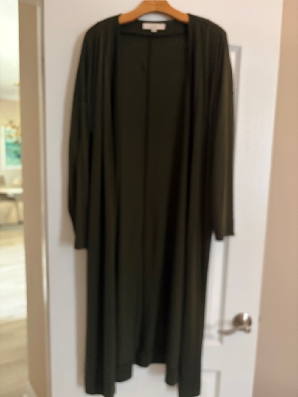 LOFT Long Open-Front Duster Cardigan in Olive Green